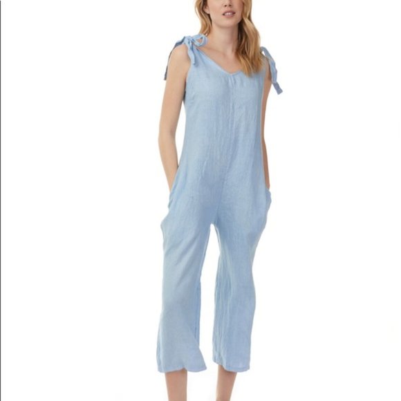 Charlie B Cropped Light Blue Linen Jumpsuit with XL - Picture 6 of 6